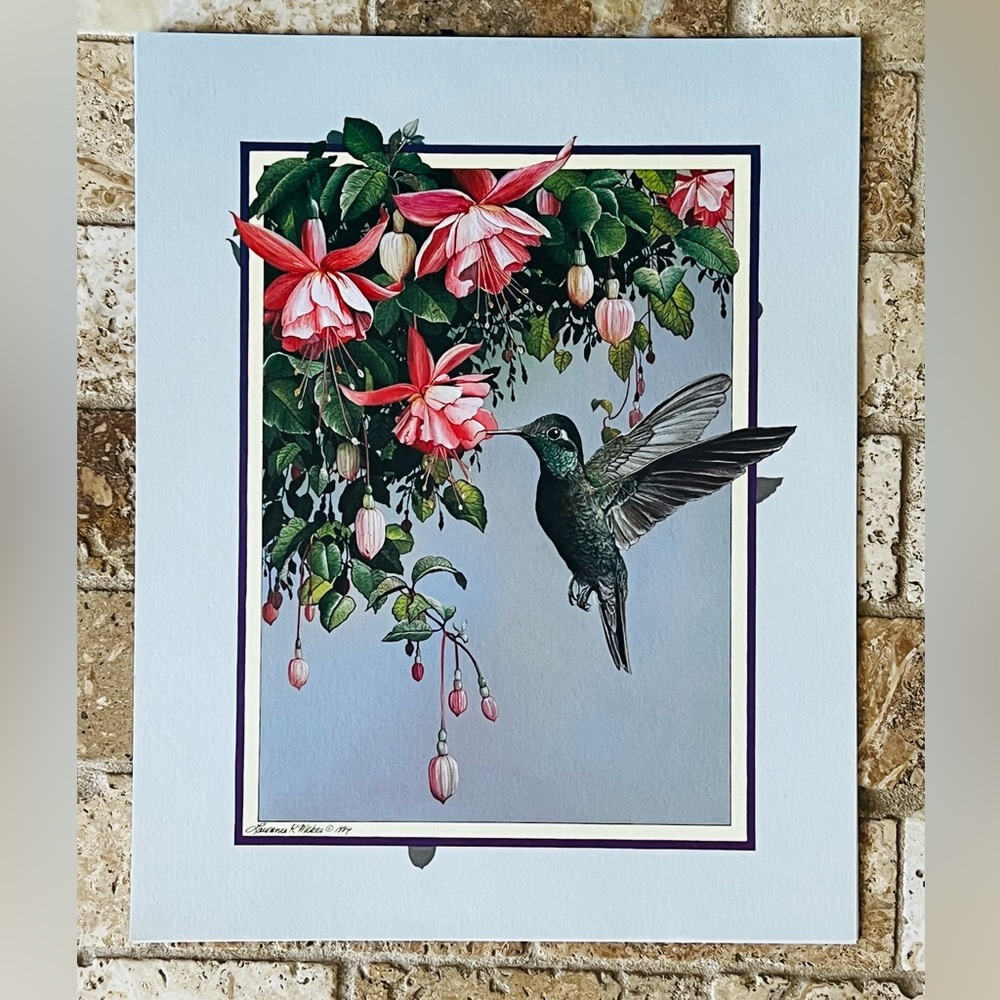 “Hummingbird in Fuchsia” Lawrence R McKee Tromp-l’oeil lithograph art print 8x10